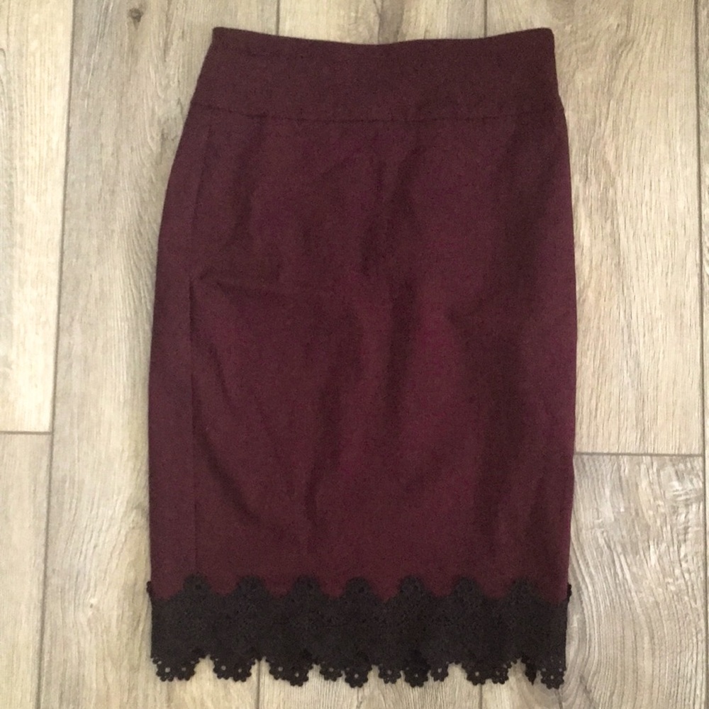 Flirty Burgundy Wine Pencil Skirt with Lace Hem